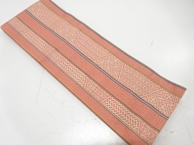 本場筑前博多　縞に古典柄織り出し　単半幅帯